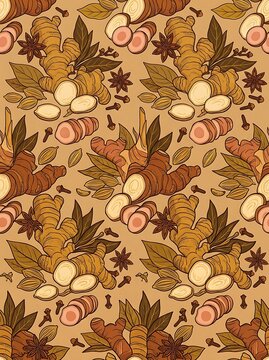 Seamless pattern of ginger root star anise and aromatic spices