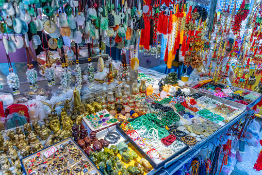Market stalls display various handmade goods in Wan Chai District of Hong Kong Island