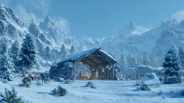 beautiful nativity scene under snowy sky,