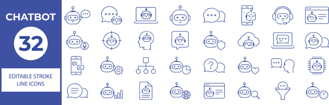 Chatbot Vector Outline Icons Set &ndash; AI Assistant, Conversational Bot, Customer Support and Artificial Intelligence Line Symbols Collection