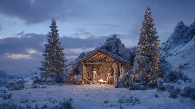 beautiful nativity scene under snowy sky,