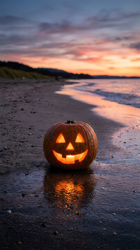 Halloween jack o' lantern on beach at sunset spooky coastal halloween scene