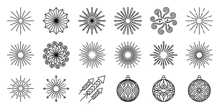 Christmas ornament and firework rocket line icons for festive holiday celebration vector illustration set