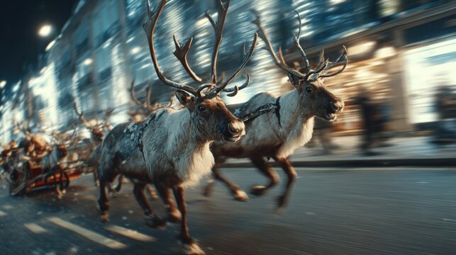 beautiful reindeer flying on a bustling street,