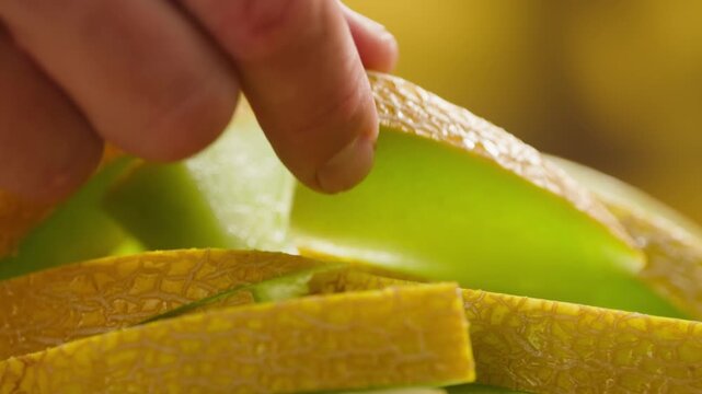 Melon close up, man cutting Watercolor of a whole melon and slice, summer juicy fruit