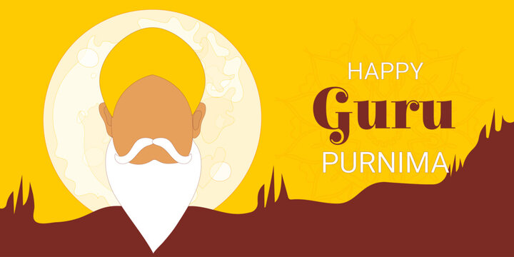 Happy Guru Purnima! A festive banner featuring the guru's face against a moon for this Indian holiday. Vector.
