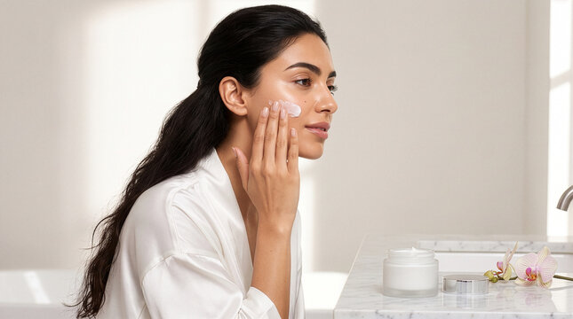 Radiant Middle Eastern Woman Gently Applying Moisturizer to her Cheek