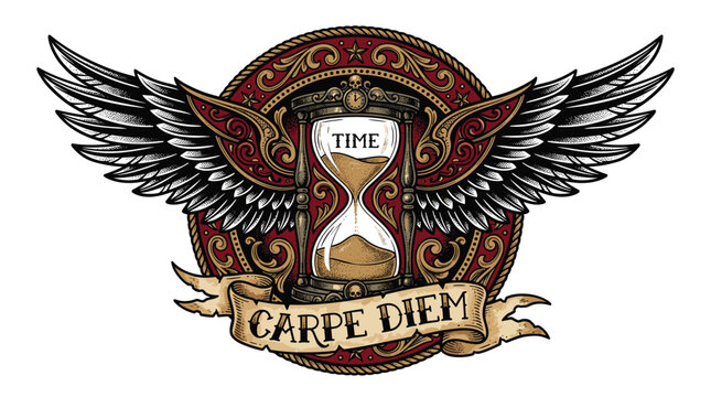 Winged hourglass tattoo emblem with Carpe Diem banner.