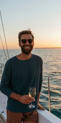 Fototapeta premium Smiling man with sunglasses on sailboat at sunset holding a white wine glass for lifestyle portrait background