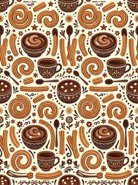Seamless pattern featuring churros and cups of hot chocolate