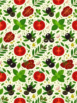 Mediterranean food seamless pattern with tomatoes olives and herbs