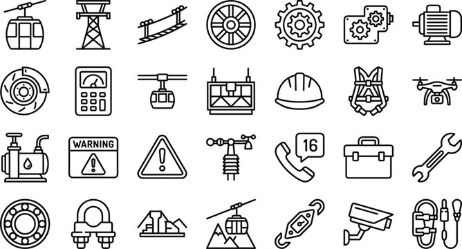 Cableway maintenance and aerial ropeway engineering vector icons set with ski lift pylon machinery transport logistics and safety rigging line symbols isolated on white background