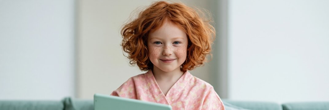 Front view redhead child holding tablet on sofa at home for children learning banner and education background