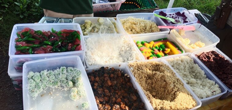 Colorful Indonesian traditional snacks displayed at market