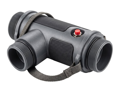 T shaped plastic pipe coupling connector with red button and strap isolated on black background, industrial PVC threaded T-joint valve adapter for plumbing, marine, and hardware utility systems.