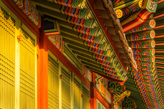 Detail of Seogeodang Gate showcasing traditional architecture during autumn in Jung District, Seoul, South Korea