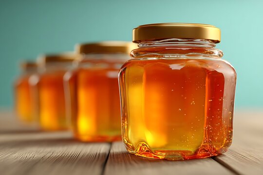A row of glass jars filled with golden honey sitting on a rustic wooden table against a teal background.