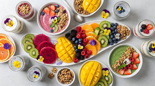 Healthy breakfast smoothie bowls with fresh tropical fruits granola and edible flowers on a table. rainbow cuisine ideas