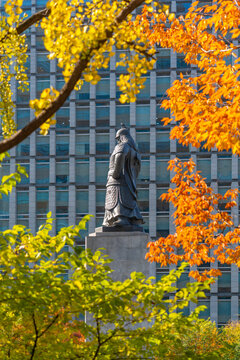 View of the statue of Admiral Yi Sun-sin surrounded by trees in Gwanghwamun Plaza on a sunny day in Seoul, South Korea