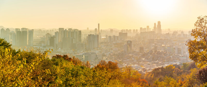 Sunset view from N Seoul Tower showcasing the skyline of Seoul in autumn