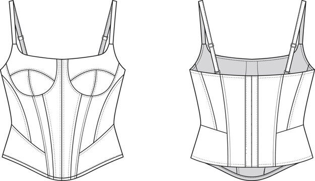 Corset Cami Top Technical Flat Sketch Front and Back Fashion Vector Illustration