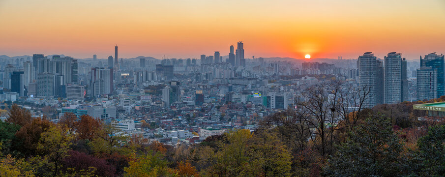 View of Seoul skyline from N Seoul Tower during sunset in autumn Yongsan District South Korea