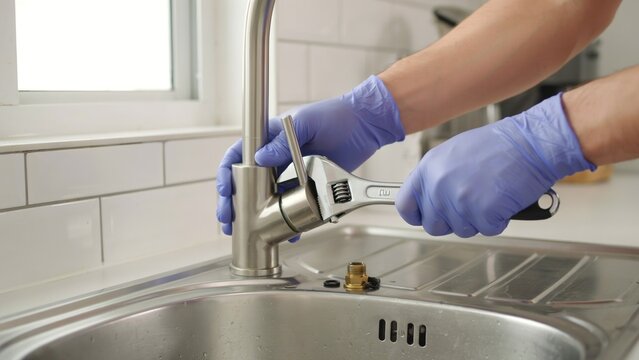 Plumber repairing a kitchen faucet with an adjustable wrench