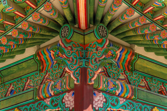 Colorful details of Huijeongdang Gate at Daejojeon Hall in Changdeokgung Palace captured on a sunny day in Seoul, South Korea