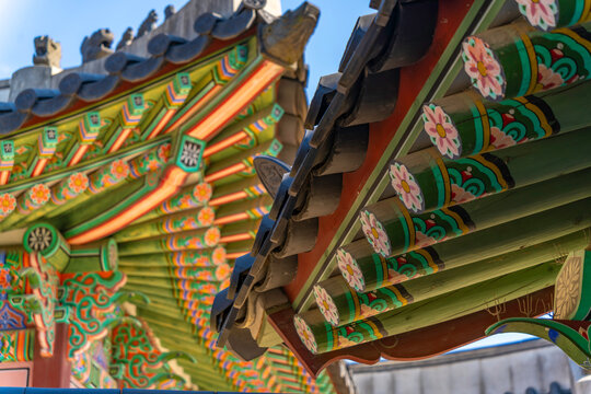 Colorful details of Seonjeongjeon at Changdeokgung Palace on a sunny day in Seoul, South Korea