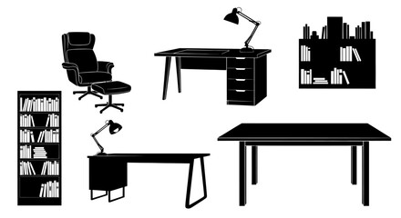 Office furniture and bookshelves in black silhouette with silhouette white background collection office minimalist bookshelf workspace business © Asim