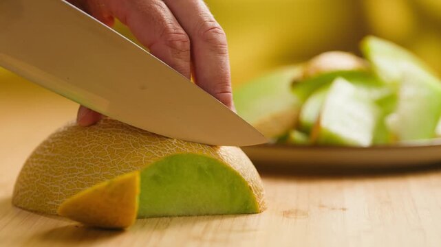 Melon close up, man cutting Watercolor of a whole melon and slice, summer juicy fruit