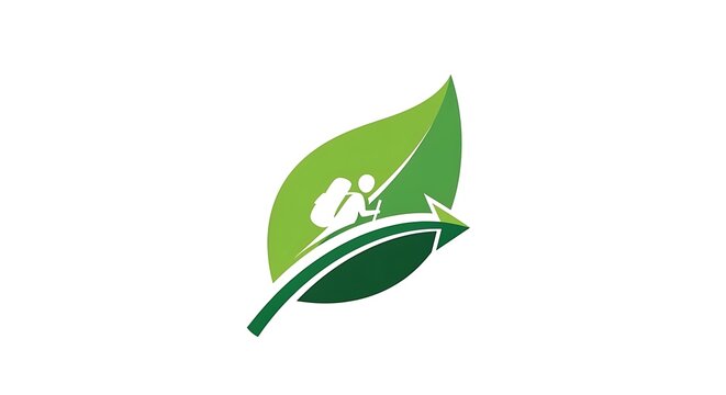 Green leaf logo with white silhouette of two people and arrow on transparent background