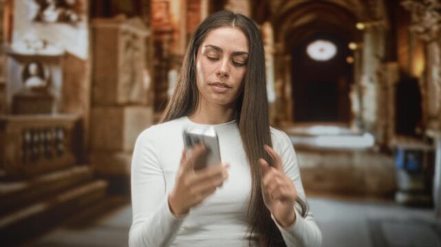 Woman holding smartphone to ear and tapping screen while checking messages inside ornate museum building with stone arches and statues; calm contemplation.