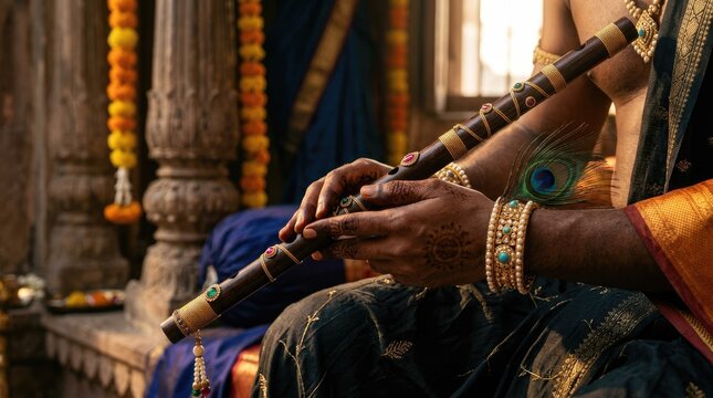 Deity musical posture: Lord Krishna, hold flute, peacock feather, gold bracelet, Gopala melody, Shyam devotion, pious sound, Govinda grace, Keshava beauty, traditional attire.