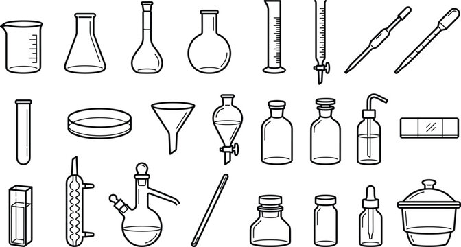 Laboratory glassware and scientific chemistry equipment vector icons set with pharmaceutical research beaker fluid distillation flask and biology test tube line symbols isolated on white background