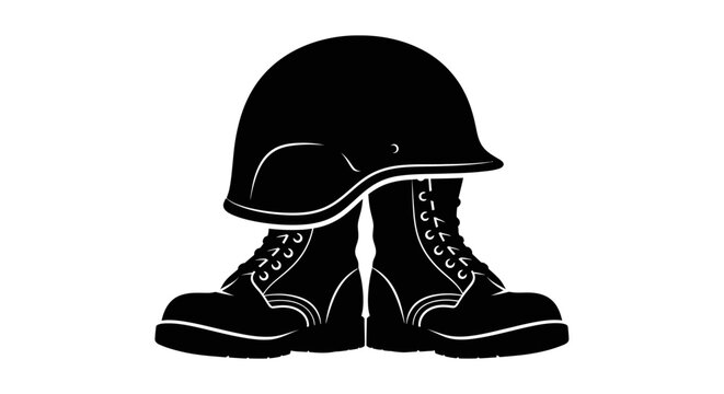 Military helmet and combat boots in black silhouette with set against white background helmet resting pair protection equipment footwear with symbolic