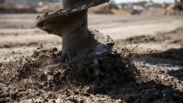 Closeup of an industrial auger drill bit boring into wet, muddy construction ground