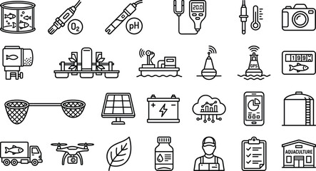 Aquaculture farming vector icon set with smart fish hatchery management and marine biology line art elements isolated on white background © mstmanju