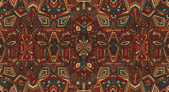 A vibrant, symmetrical pattern of geometric shapes in shades of brown, orange, and red
