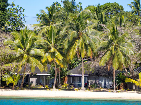 Views of a resort with palm trees and beach on Vavau Island in Tonga during a sunny day with clear water and bright vegetation