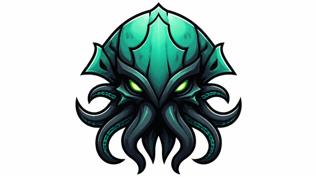 Mysterious Eldritch Creature Head with Glowing Eyes and Tentacles.