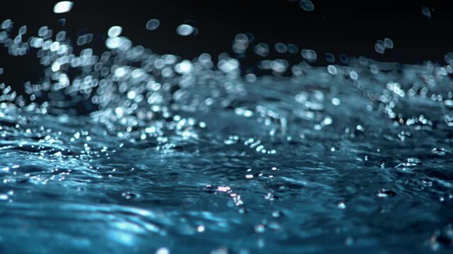 Fresh blue water macro background loop with splashing liquid on dark black backdrop. 3D animation wave fluid swirling backplate with copy space. Clean abstract bubbles texture.