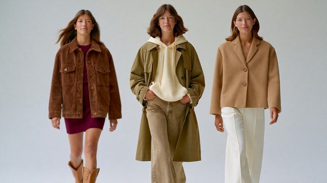 Three young women modeling fashion outfits in a studio setting, showcasing diverse styles including outerwear, casual wear, and boots against a neutral background
