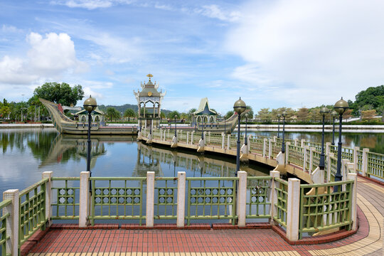 Ceremonial stone barge and walkway in mosque complex in Bandar Seri Begawan, Brunei Deserted landscape under blue sky