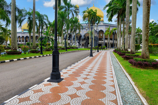 Jame Asr Hassanil Bolkiah Mosque garden and fountain located east of the mosque in Bandar Seri Begawan, Brunei