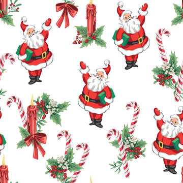 Santa Claus, mistletoe, candle, candy cane seamless pattern. Winter holiday wallpaper.	
