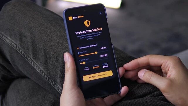 Smartphone app for managing auto insurance coverage. User reviews a 25,000 usd vehicle value and 24-month term before applying. Great for personal finance apps, vehicle protection