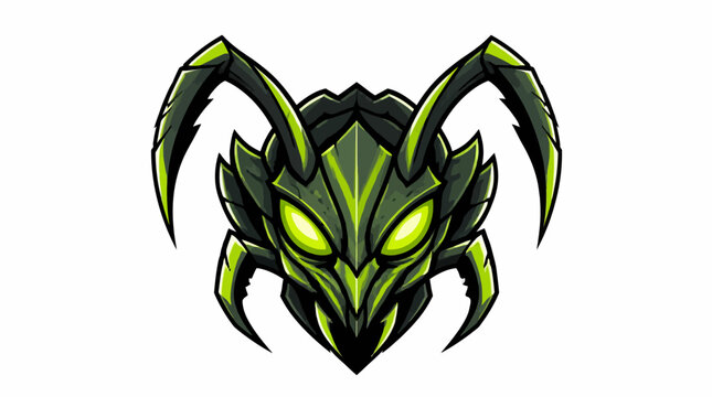 Scary Green Insect Monster Head Illustration.