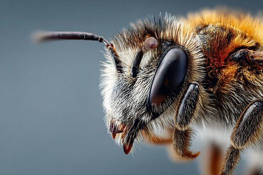 Extreme macro portrait of a fuzzy bee showing intricate details of its compound eye, antennae, and golden hair.