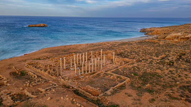 Exploring ancient ruins of Apollonia along the coast of Eastern Libya near the Mediterranean Sea